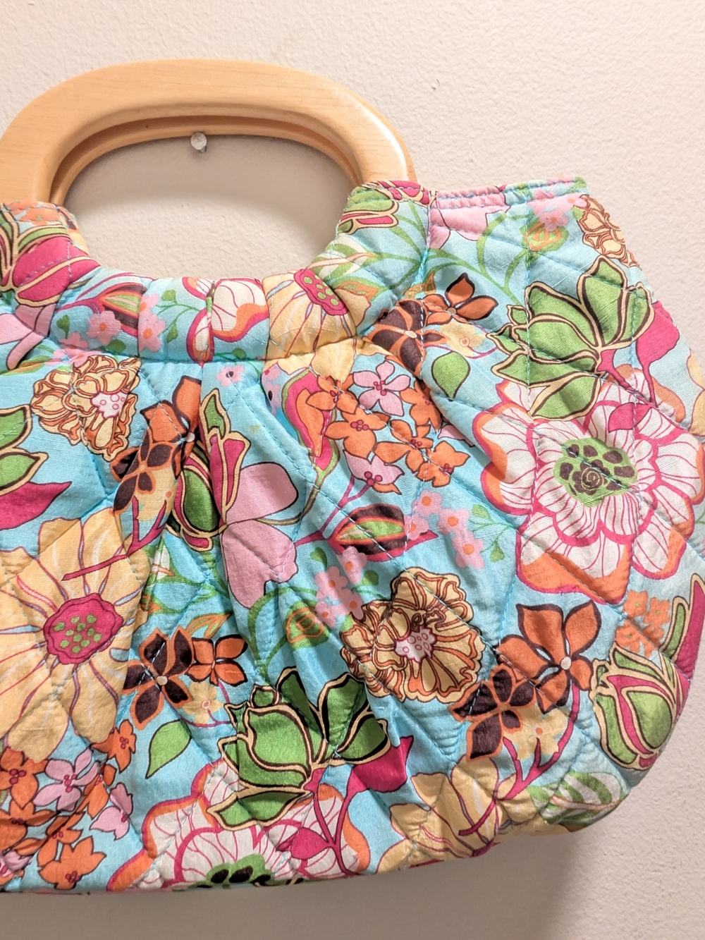 Vera Bradley Kelly Hand Purse Bag Wood Handles Quilted Silk Tropical Floral - Wo